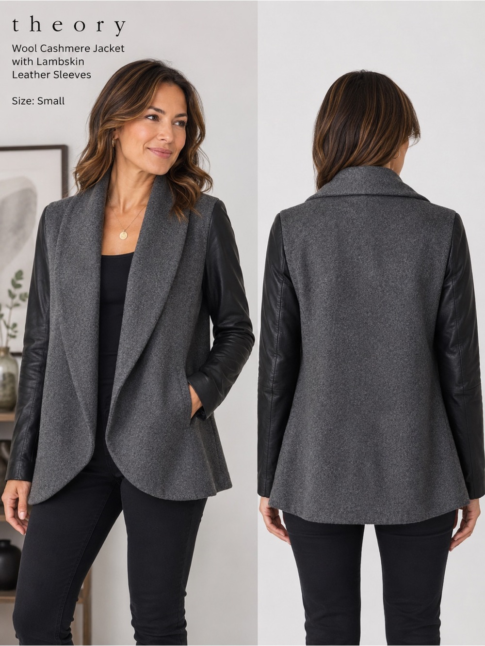 Theory Sz Sm Wool Cashmere Gray Open Front Jacket Lambskin Leather Sleeve Shawl‎